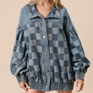 Double Take Checkered Button Up Denim Jacket - Medium